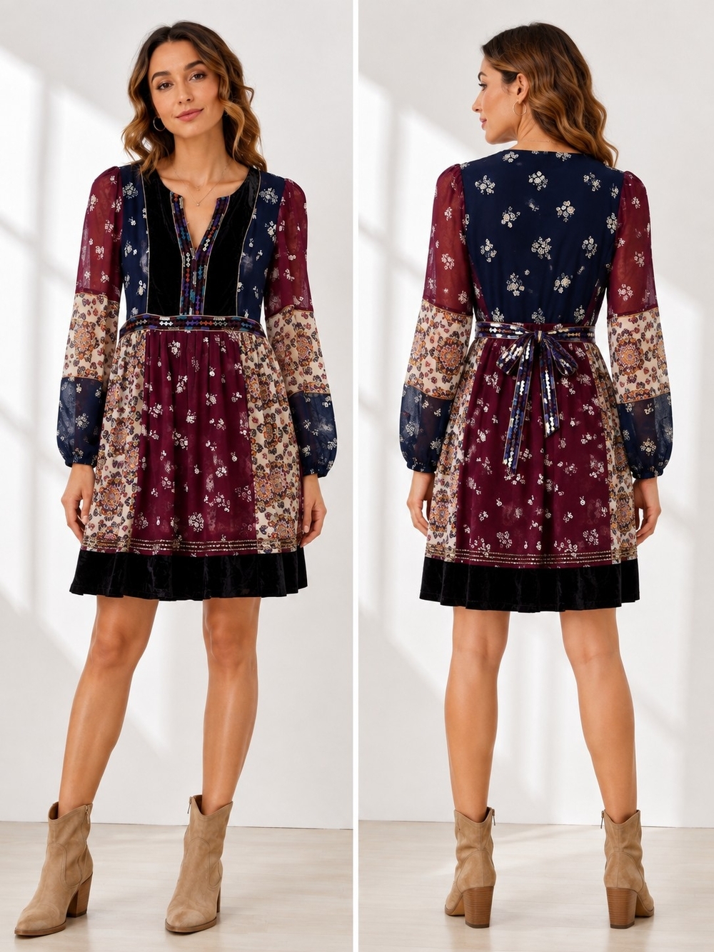 Maeve By Antropologie Boho Patchwork Quartier Latin Burgundy Dress Sz M